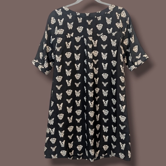 Anthropologie Black Dog Print 100% Silk Short Sleeve Button-Up Mini Slip Dress - Picture 2 of 8